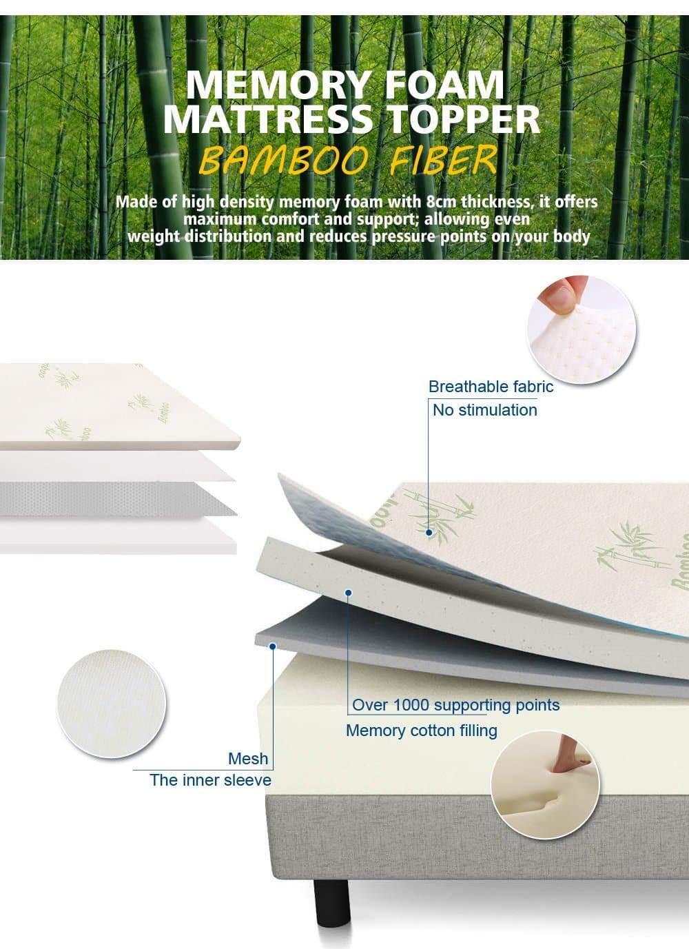 bedding Bed Mattress Topper Bamboo Cool Gel Cover Double 8Cm