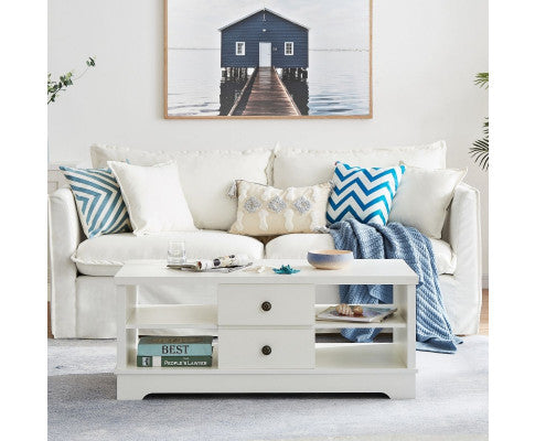 Coastal Style Coffee Table with Drawers-White