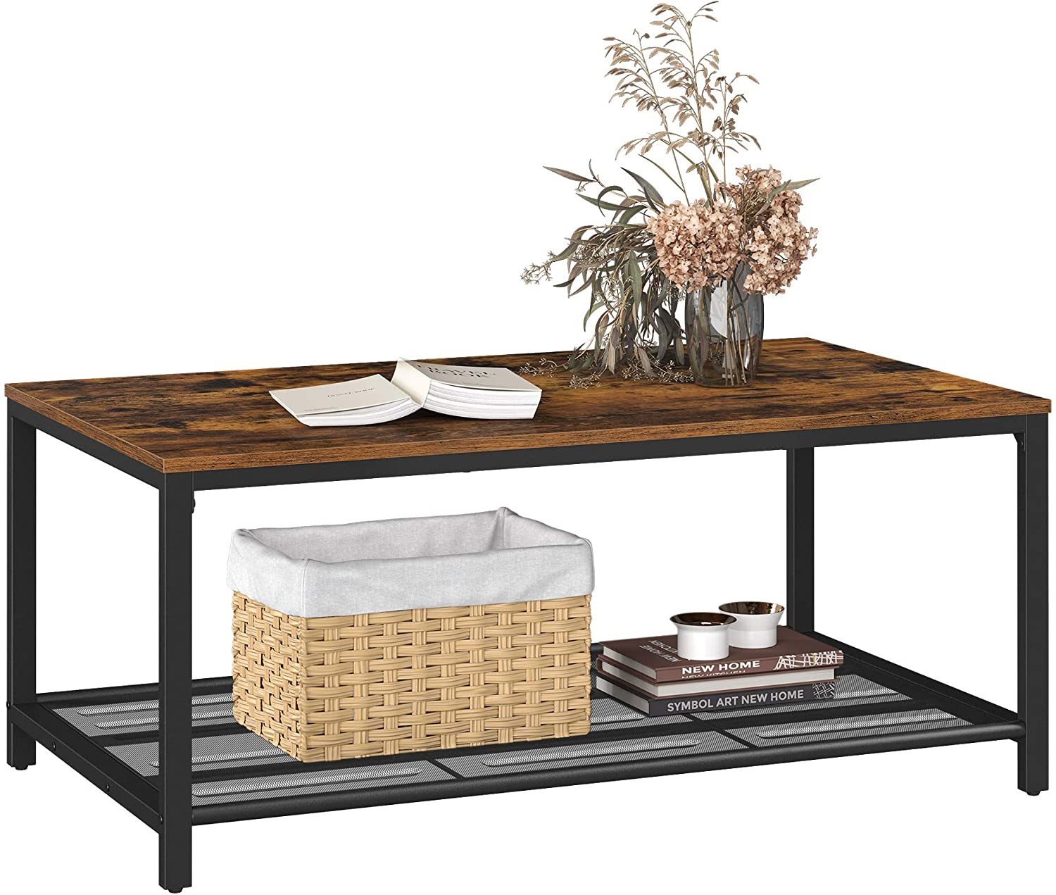 Coffee Table With Dense Mesh Shelf Rustic Brown