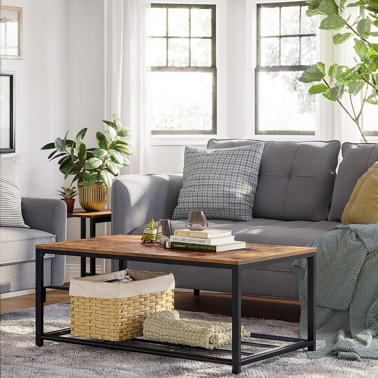 Coffee Table With Dense Mesh Shelf Rustic Brown