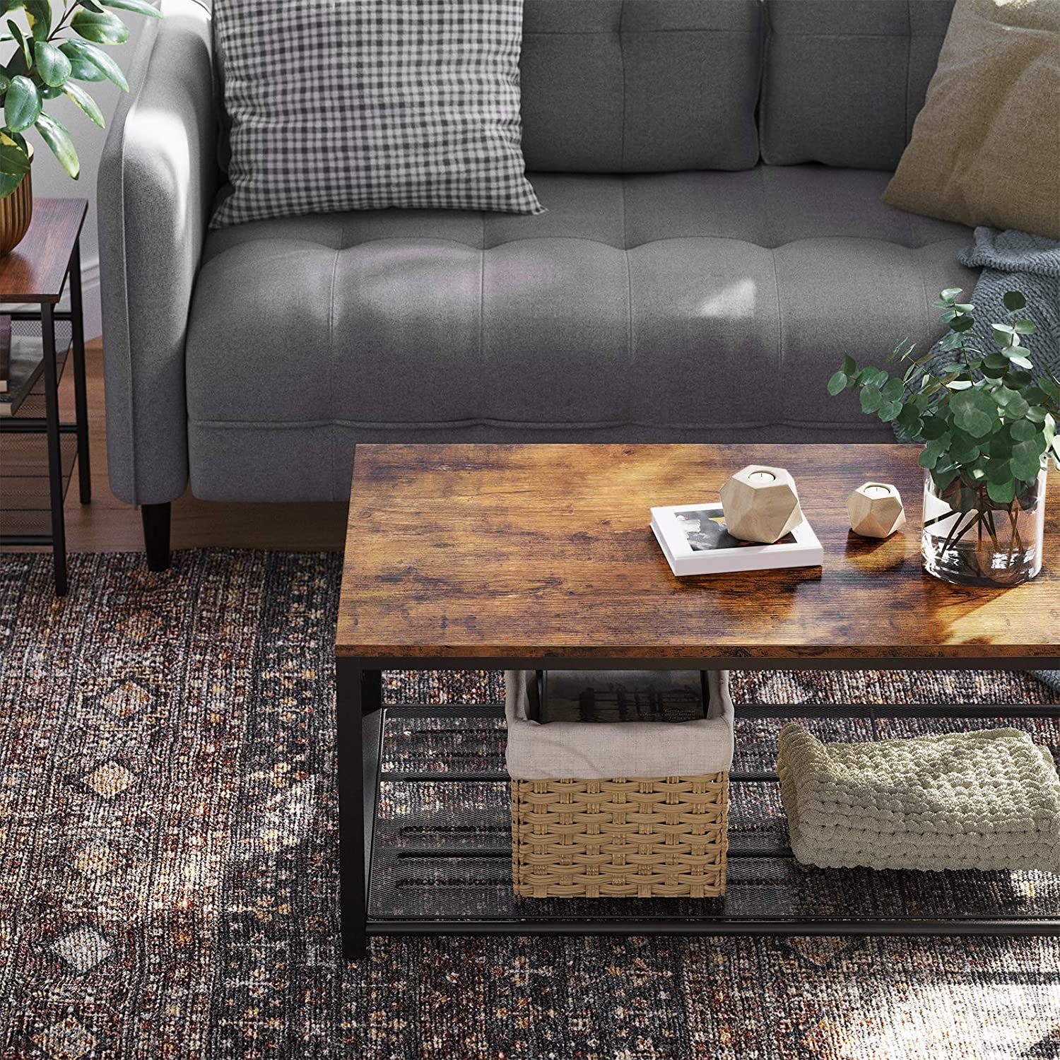 Coffee Table With Dense Mesh Shelf Rustic Brown