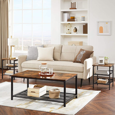 Coffee Table With Dense Mesh Shelf Rustic Brown