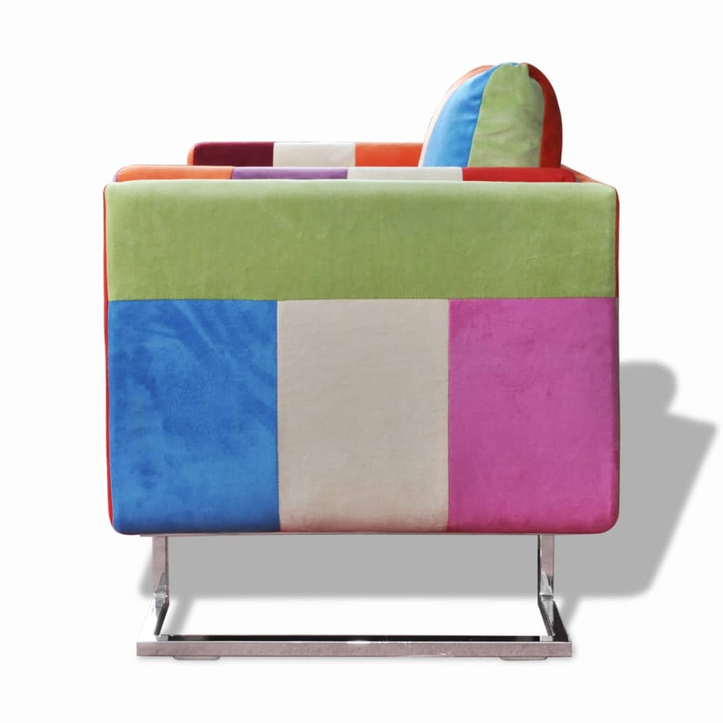 Cube Armchair with Chrome Feet Patchwork Design Fabric