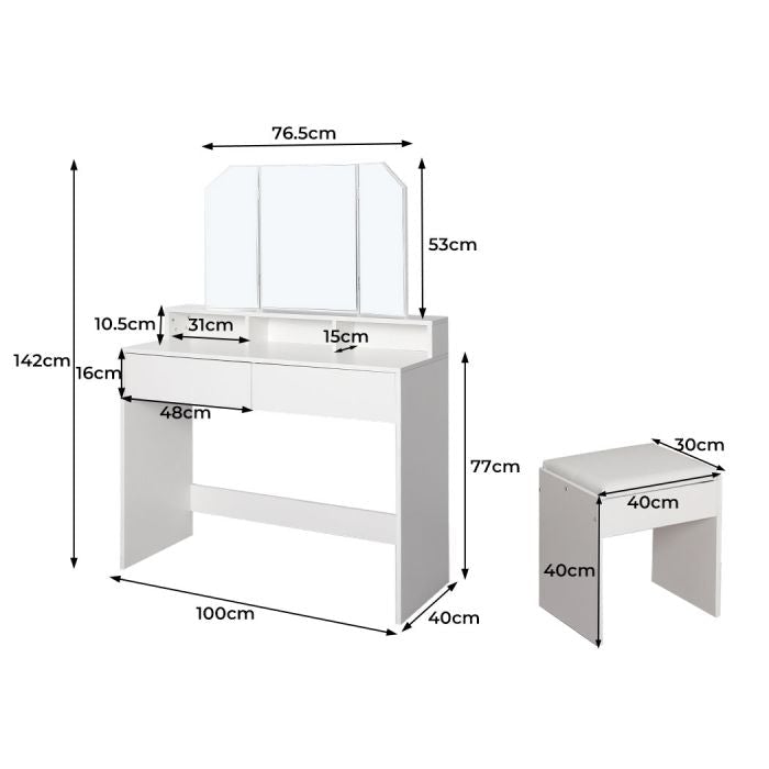 Dressing Table Stool Foldable Mirror Jewellery Cabinet Makeup Storage