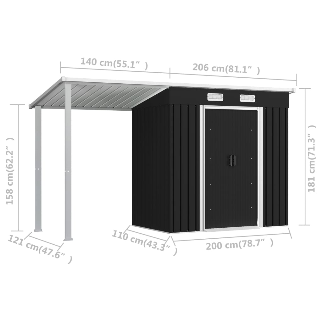 Garden Shed with Extended Roof Anthracite 335x121x184 cm Steel