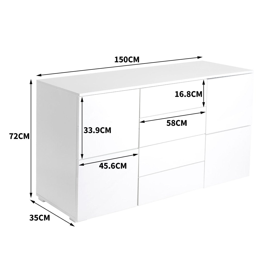 dining room High Gloss Sideboard Cabinet Storage Drawers White 150Cm