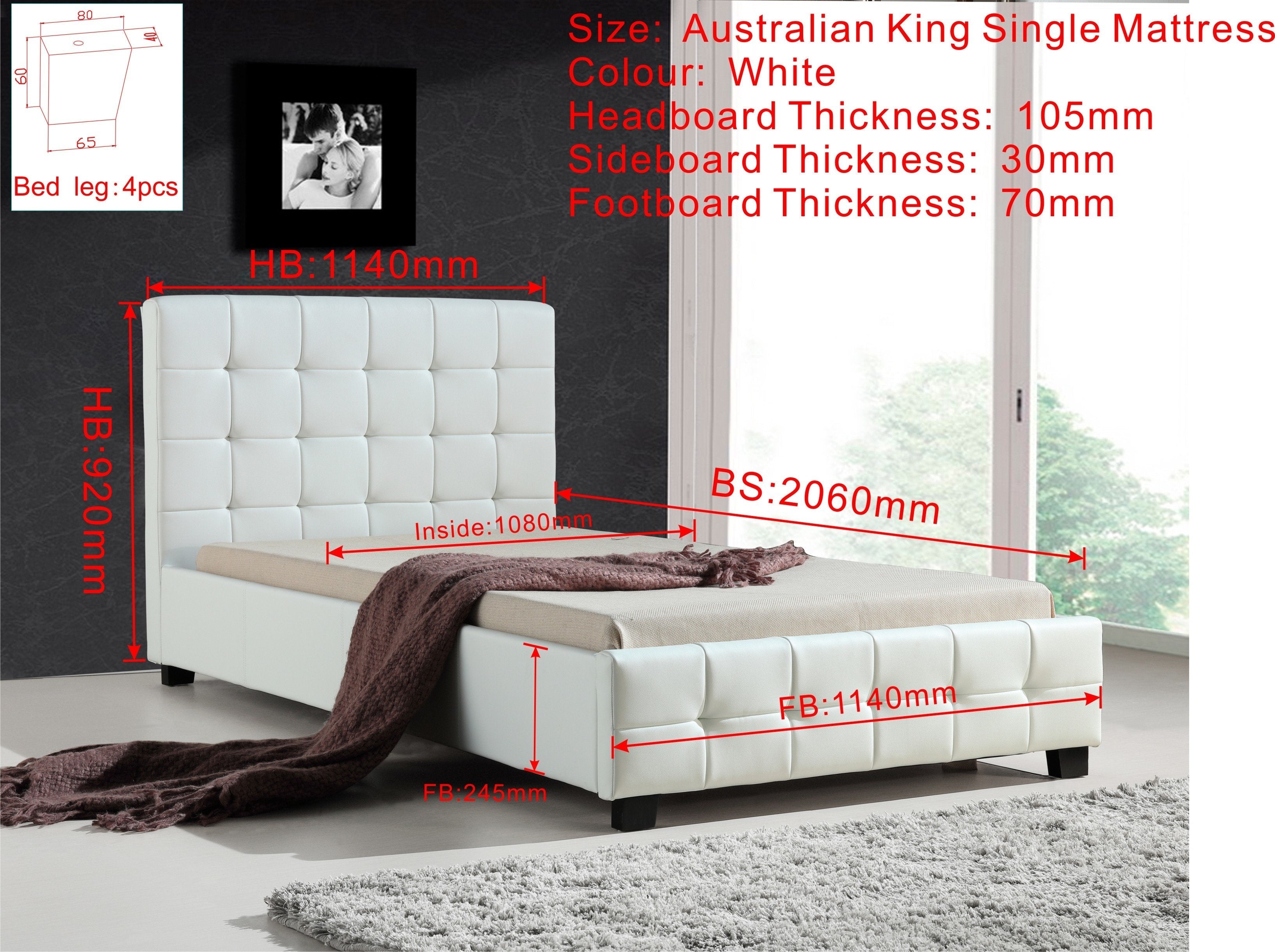 Bedroom King Single PU Leather Deluxe Bed Frame White