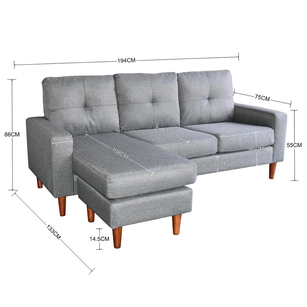 Linen Corner Sofa Couch Lounge Chaise with Wooden Legs - Grey