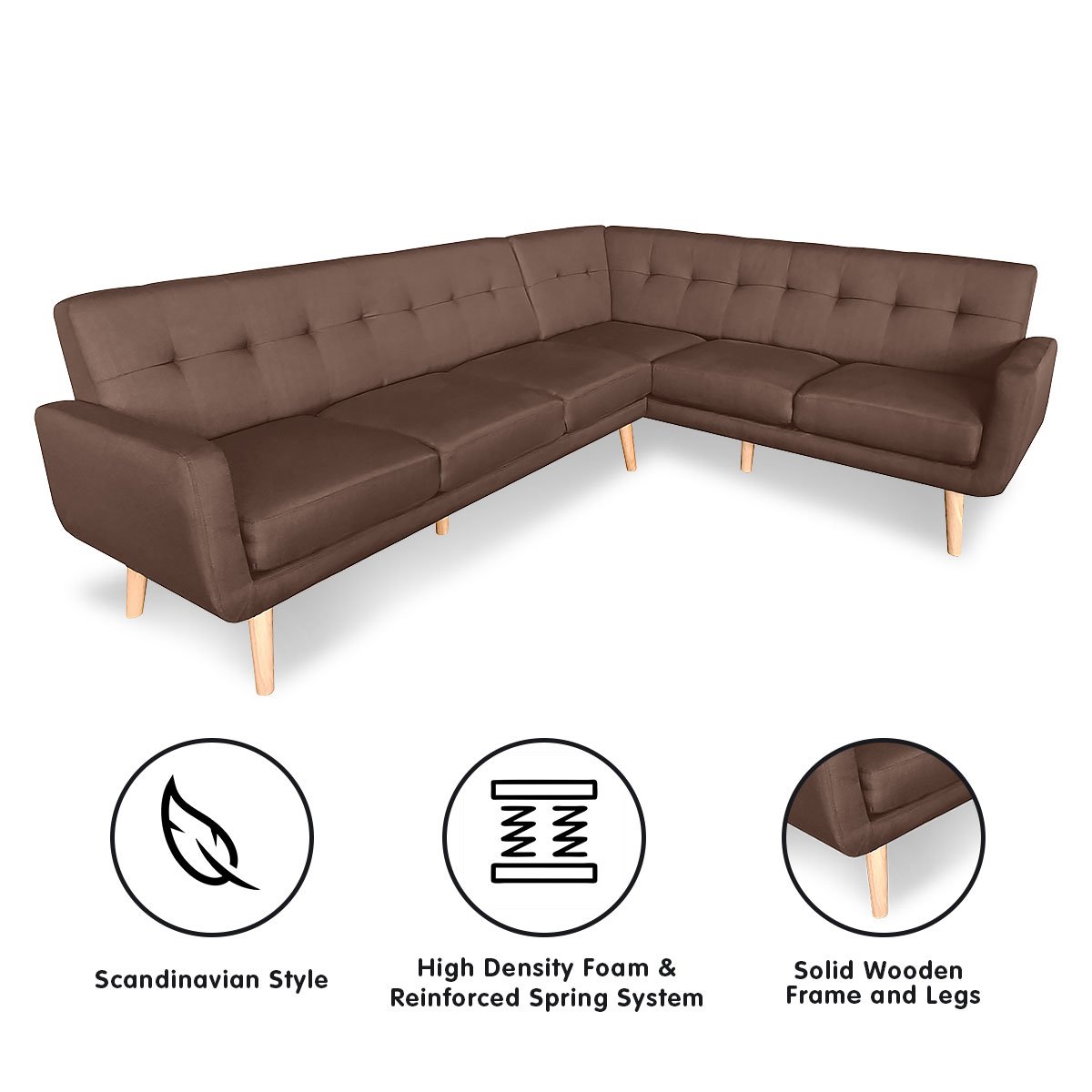 indoor furniture Linen Corner Wooden Sofa Lounge L-shaped with Chaise Brown