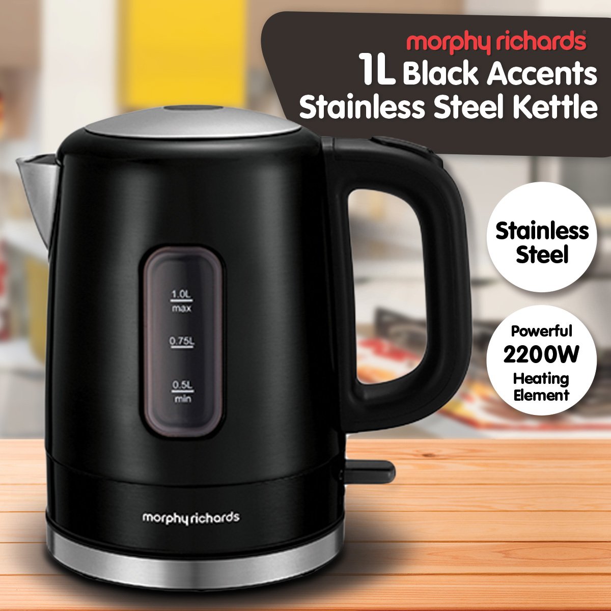 Morphy Richards 1L Accents Stainless Steel Electric Kettle Black