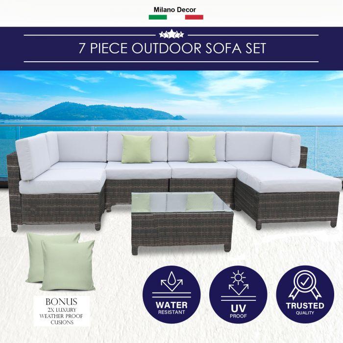 Outdoor 7 Piece Oatmeal Rattan Sofa Set - Black Coating & Grey Seats