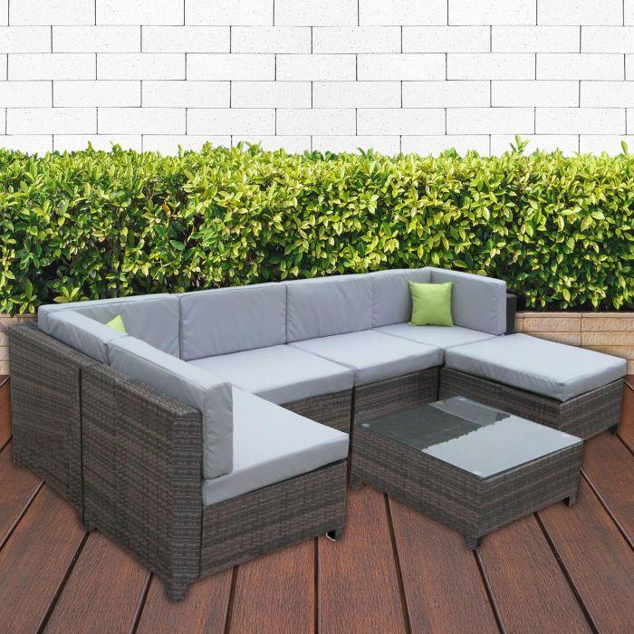 Outdoor 7 Piece Oatmeal Rattan Sofa Set - Black Coating & Grey Seats