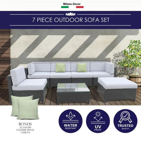 Outdoor 7 Piece Rattan Sofa Set - Black Coating & Grey Seats (7 Boxes)