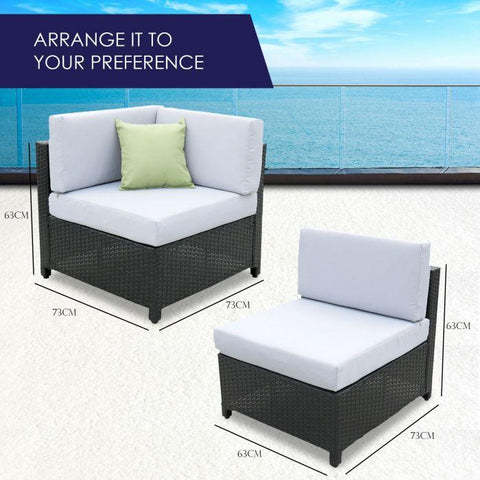 Outdoor 7 Piece Rattan Sofa Set - Black Coating & Grey Seats (7 Boxes)