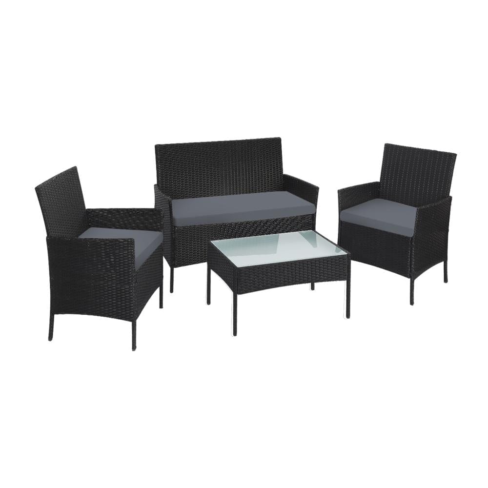 Outdoor Furniture Setting 4PCS Patio Garden Table Chairs Set Wicker Seat Black and Grey