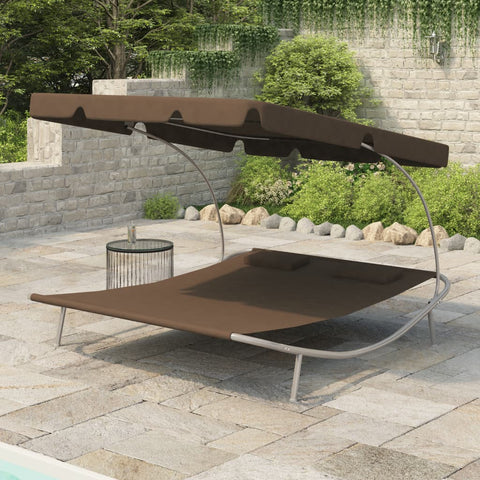 Outdoor Lounge Bed with Canopy & Pillows Brown