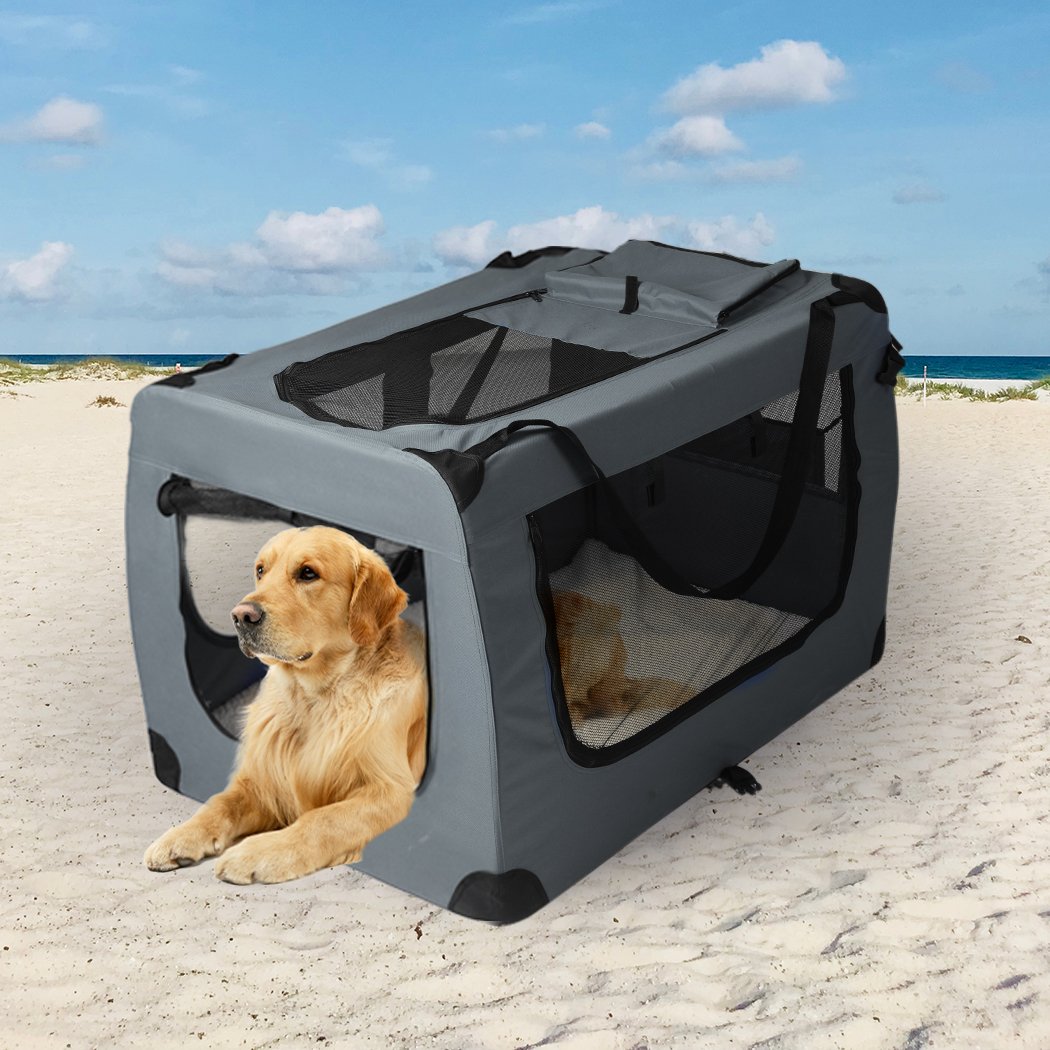 Pet Products Pet Travel Carrier Kennel Folding Soft Sided Dog Crate For Car Cage Large Grey L