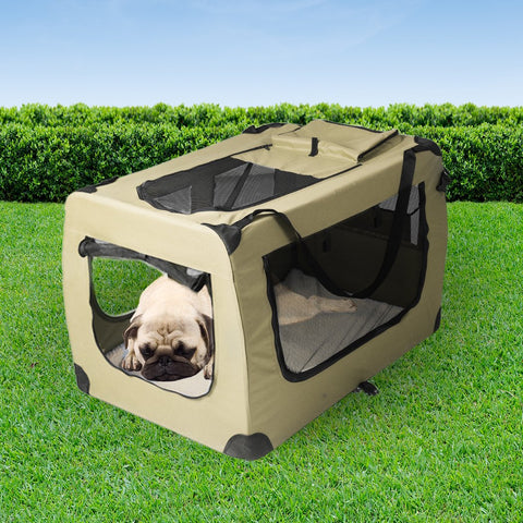 Pet Products Pet Travel Carrier Kennel Folding Soft Sided Dog Crate For Car Cage Large Khaki M