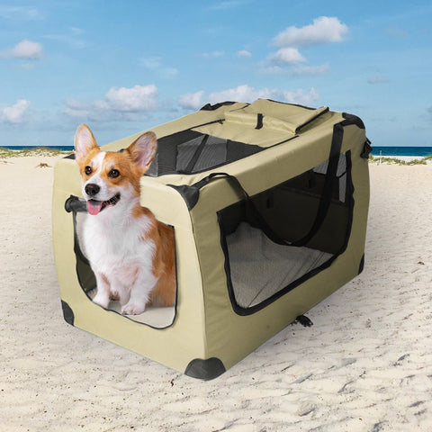 Pet Products Pet Travel Carrier Kennel Folding Soft Sided Dog Crate For Car Cage Large Khaki S