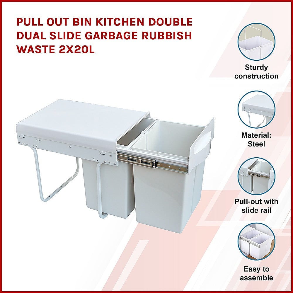 Pull Out Bin Kitchen Double Dual Slide Garbage Rubbish Waste 2X20L