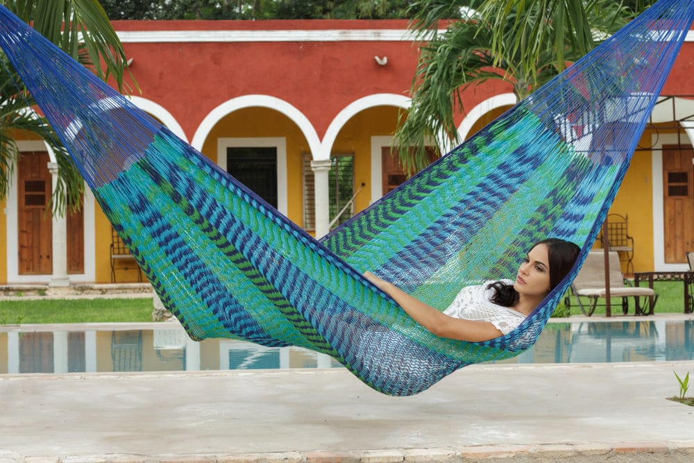 Queen Size Outdoor Cotton Mexican Hammock in Caribe Colour