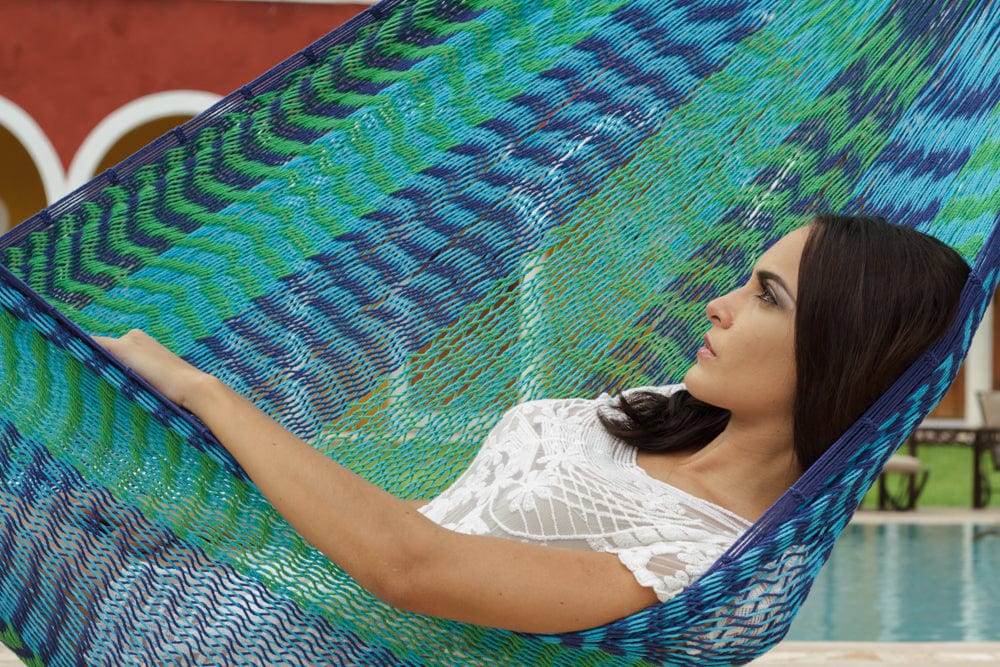 Queen Size Outdoor Cotton Mexican Hammock in Caribe Colour