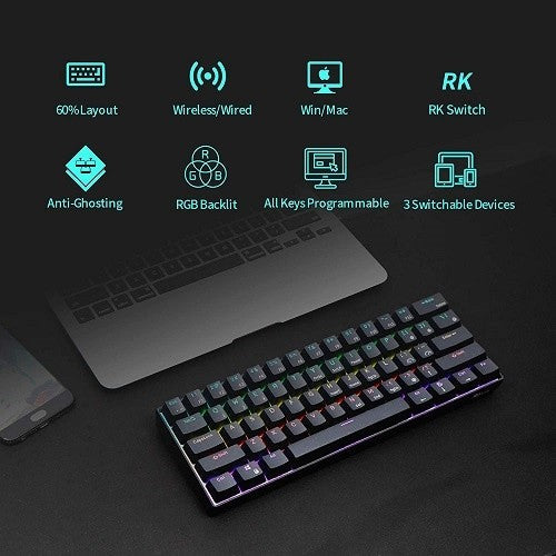 RK61 Wired Dual Mode Hot Swappable Mechanical Keyboard Black (Red Switch)