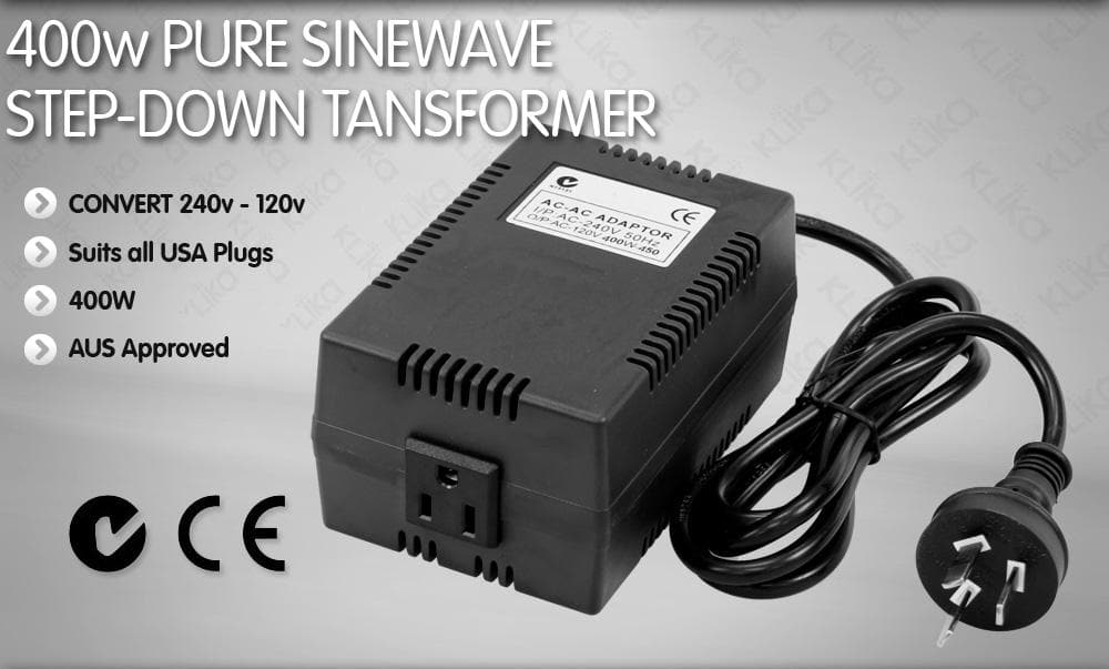 Sinewave Step-Down Transformer: 240v to 120v, 400 watts (3.3 amps)