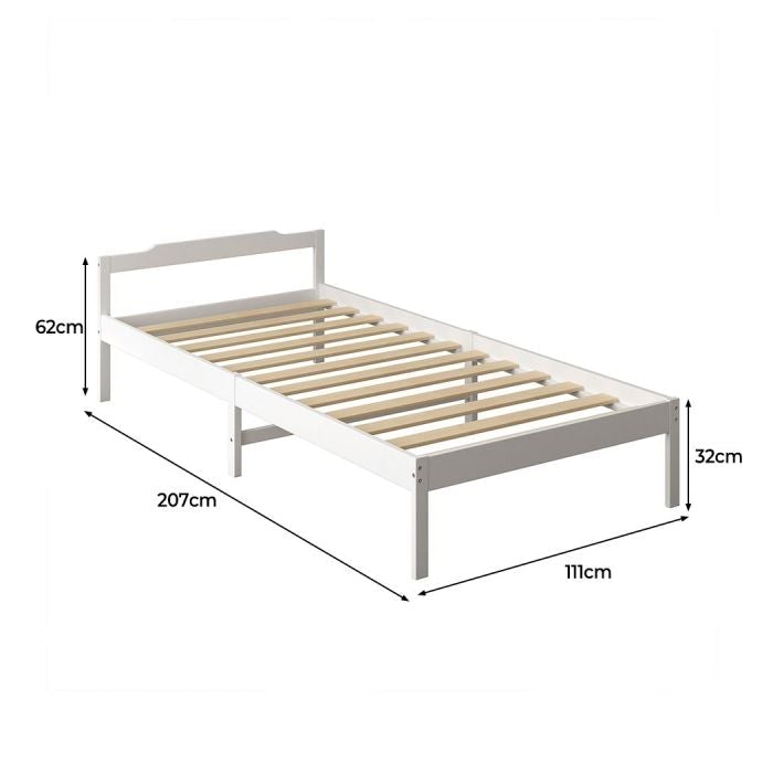 Solid Timber Pine Wood Bed Frame King Single -White