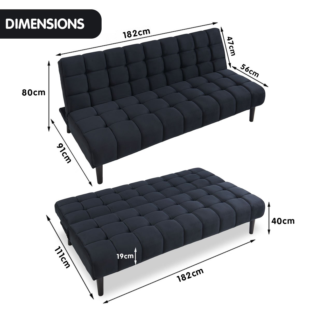 indoor furniture Suede Fabric Sofa Bed Furniture Lounge Seat Black