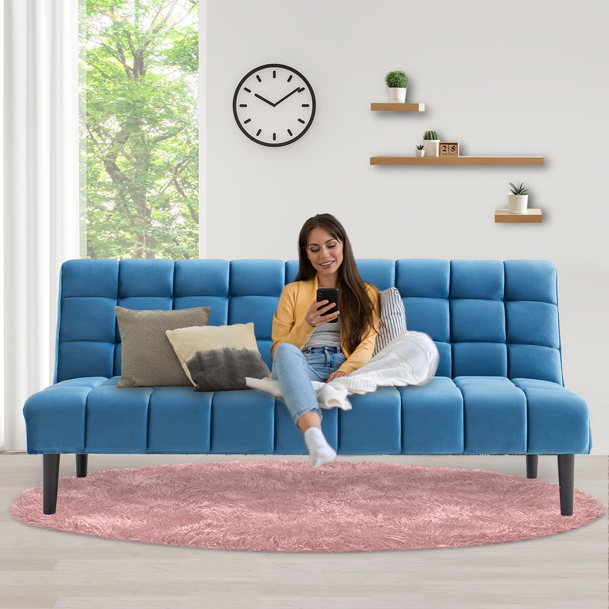 indoor furniture Suede Fabric Sofa Bed Furniture Lounge Seat Blue