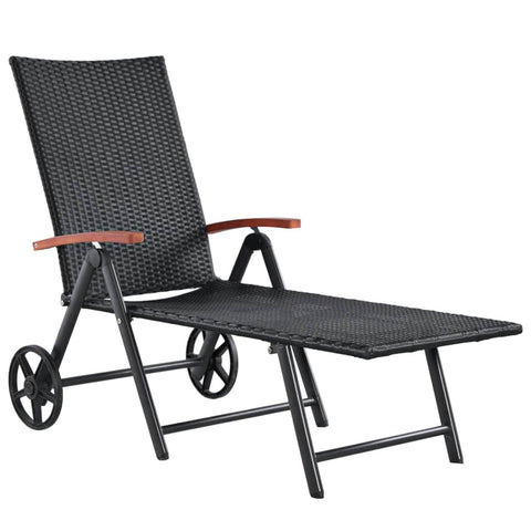 Sun Lounger with Wheels Poly Rattan Black