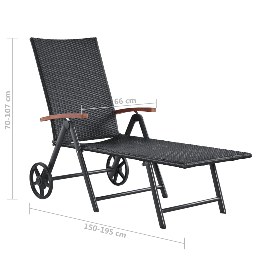 Sun Lounger with Wheels Poly Rattan Black