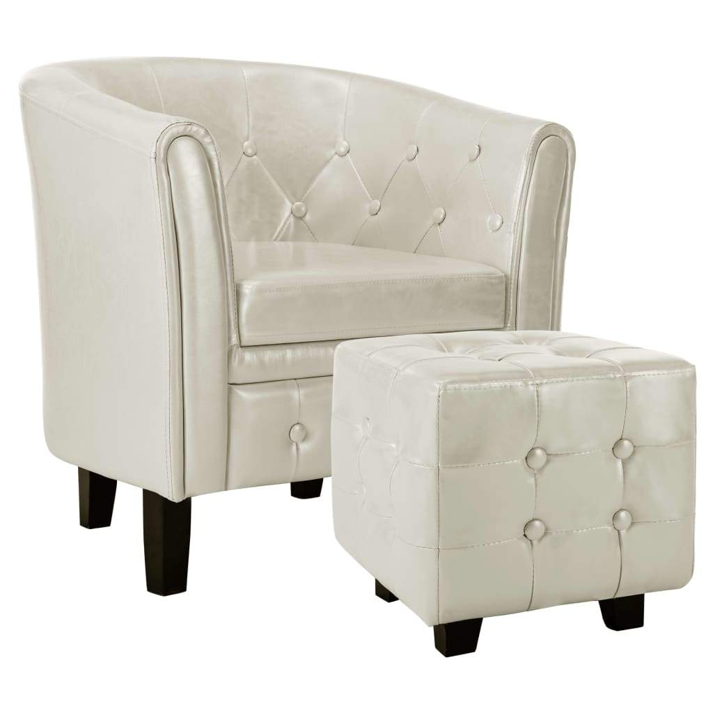 Tub Chair with Footstool White Faux Leather