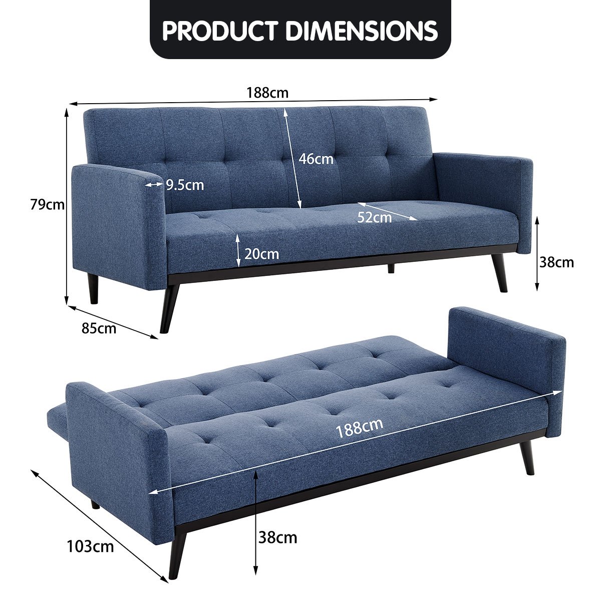 indoor furniture Tufted Linen 3-Seater Sofa Bed with Armrests - Blue