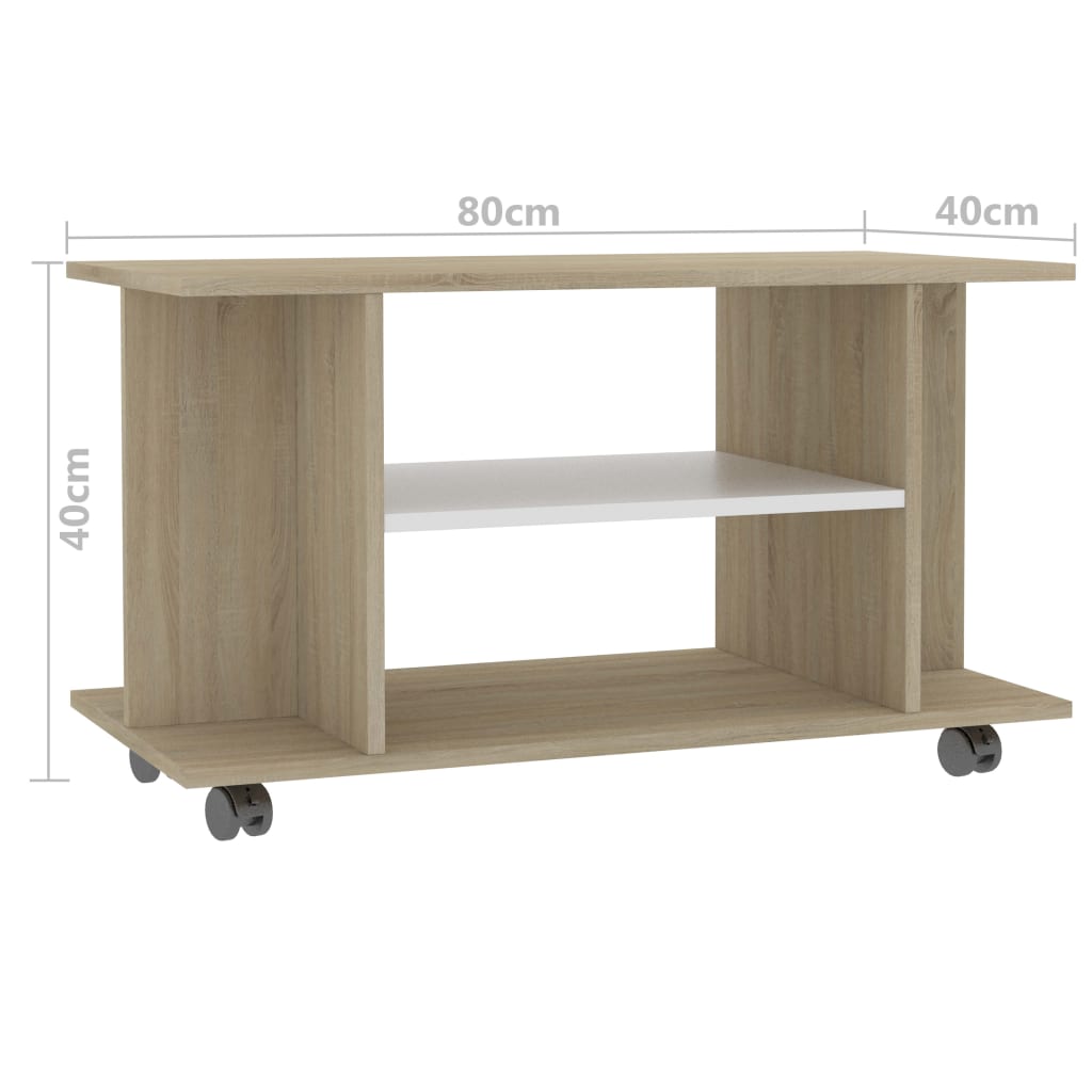 TV Cabinet with Castors White and Sonoma Oak 80x40x40 cm Chipboard