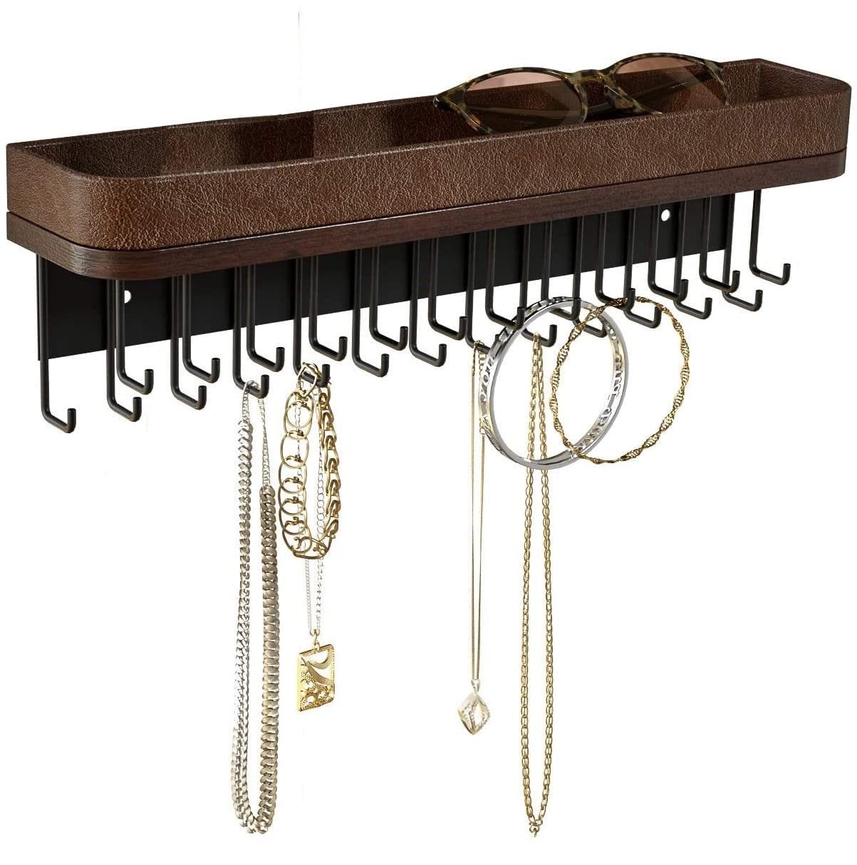 Wall Mount Hanging Jewelry Organizer with 25 HooksBrown