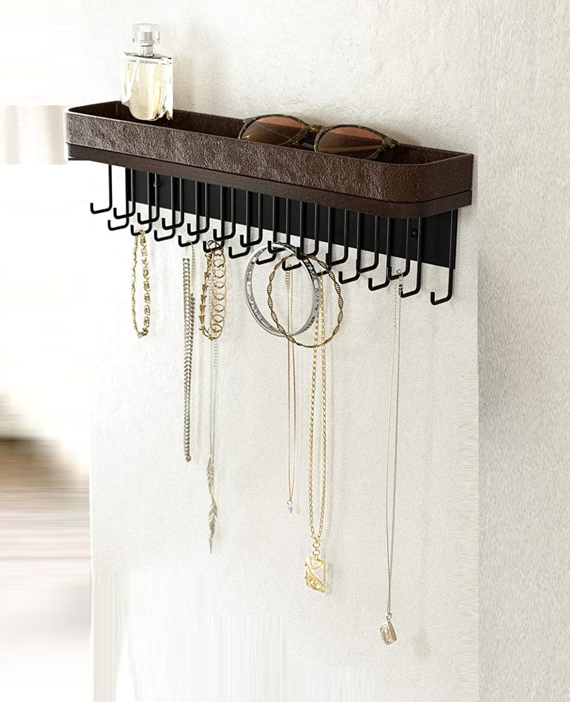 Wall Mount Hanging Jewelry Organizer with 25 HooksBrown