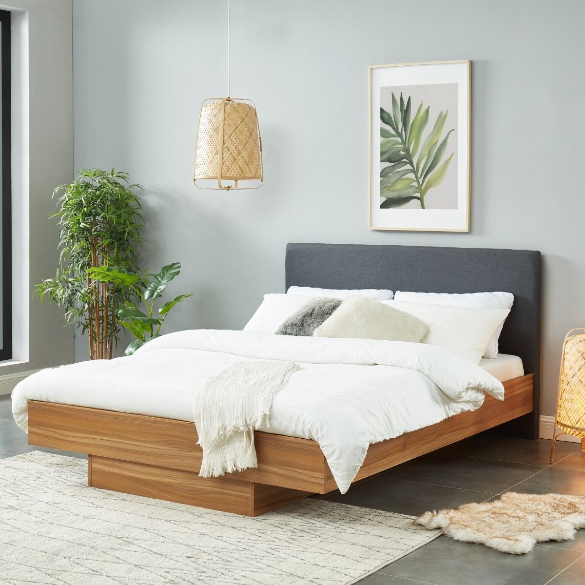 Furniture > Bedroom Walnut Oak Wood Floating Bed Frame King