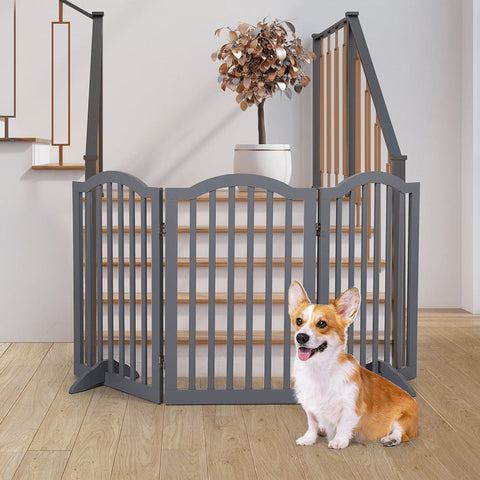 Wooden Pet Gate Dog Fence Safety Stair Barrier Security Door 3 Panels Grey