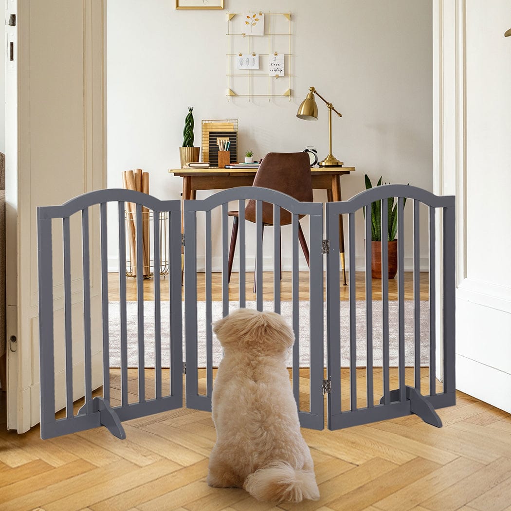 Wooden Pet Gate Dog Fence Safety Stair Barrier Security Door 3 Panels Grey